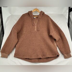 Victoria’s Secret Pink Women's Tan Fleece Sherpa Teddy 1/2 Zip Hoodie L